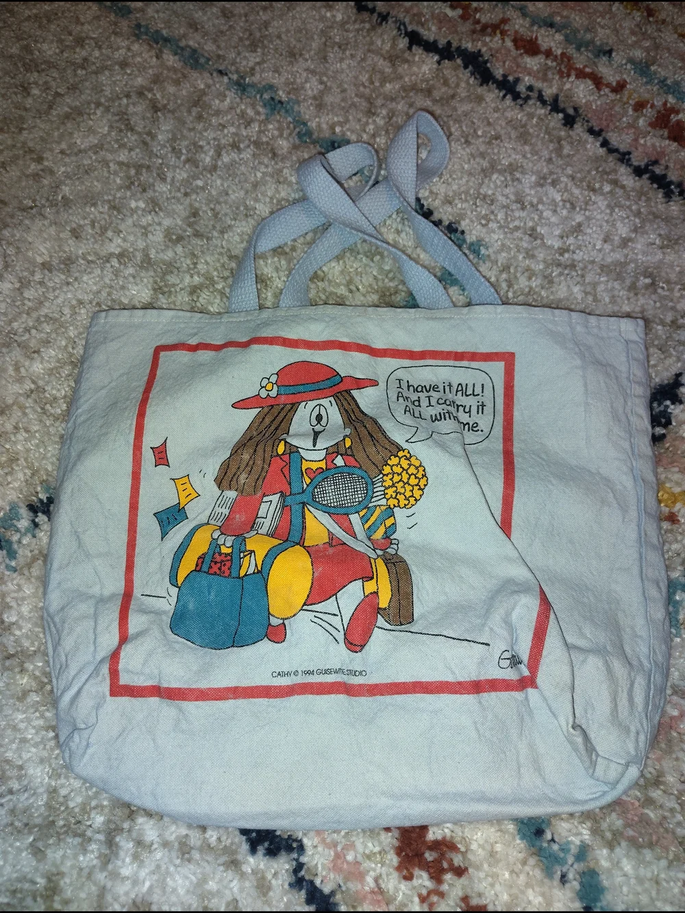 Vintage White Canvas Tote with Colorful Cartoon Graphic Cathy Guiwite Bag Guc
